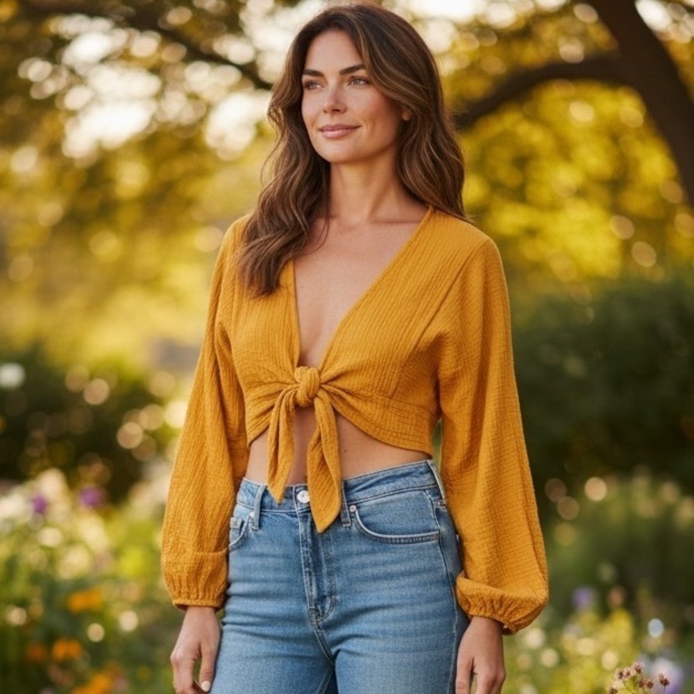 Urban Outfitters Mustard Yellow Cotton Gauze Crop Top Boho Cottagecore Festival